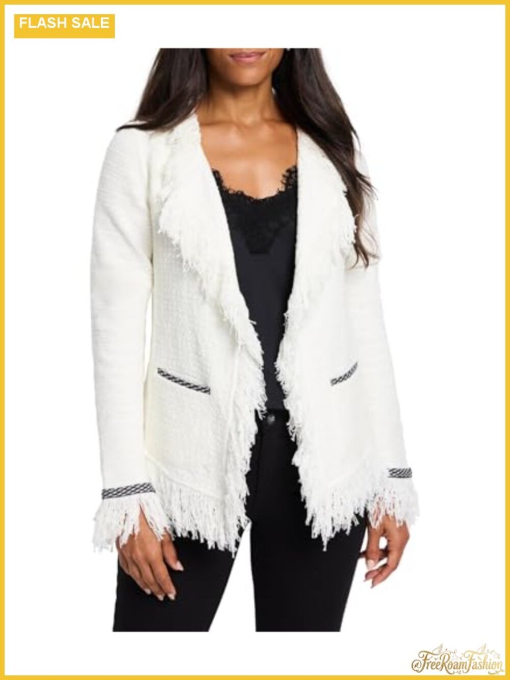 Fringe Mix Knit Blazer Jacket Notch Lapel Open Front Cotton Blend